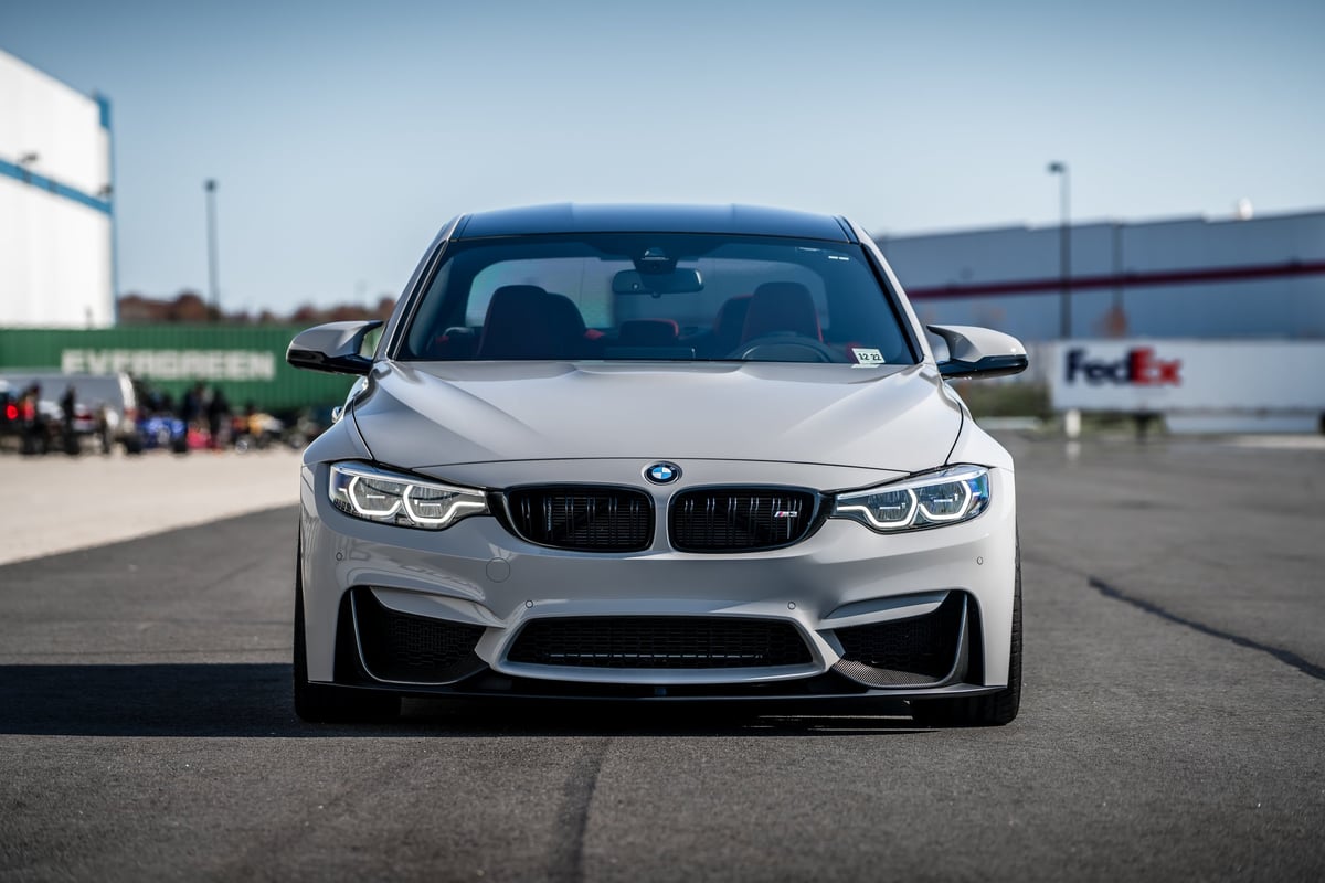 BMW M3 front end showing the roundel and kidney grilles