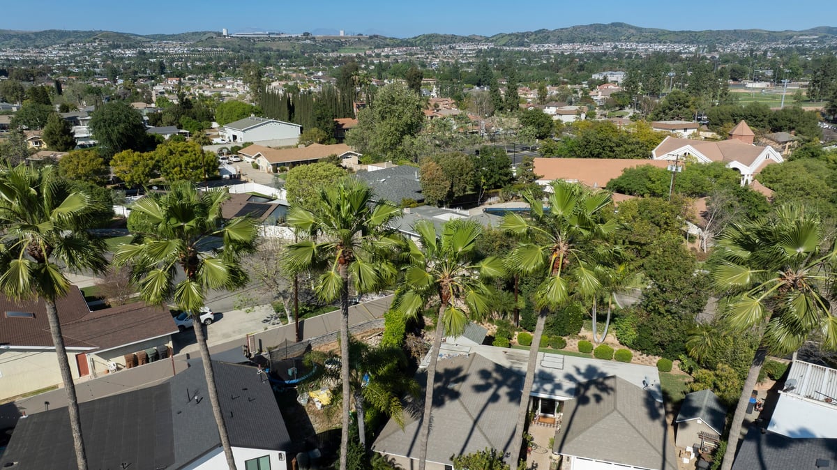 Aerial view of a palm-lined neighborhood in Yorba Linda, California